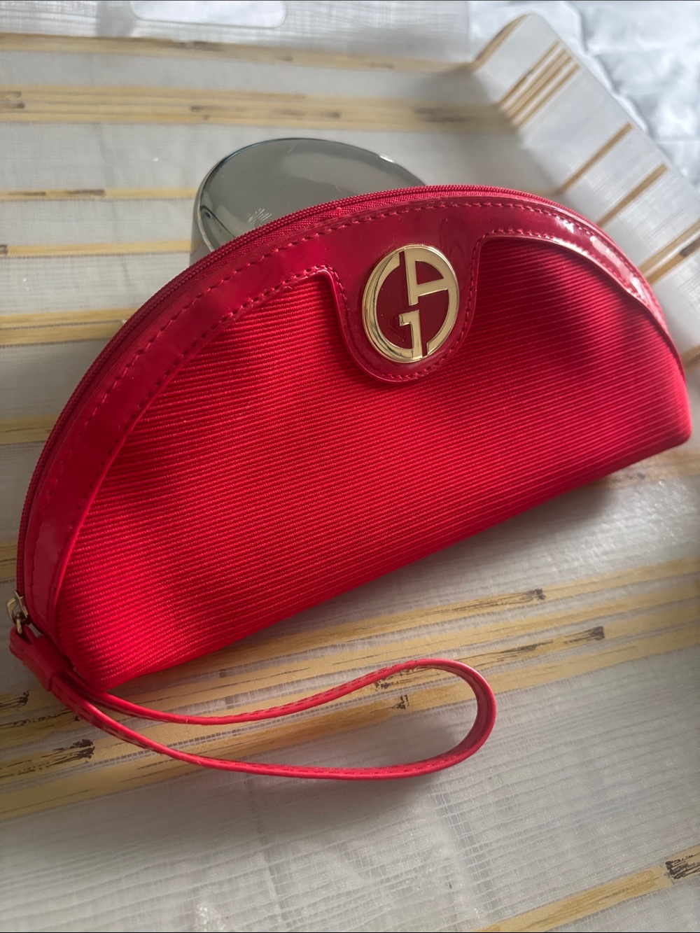 Giorgio Armani Vibrant Red Wristlet Clutch with Gold Emblem
